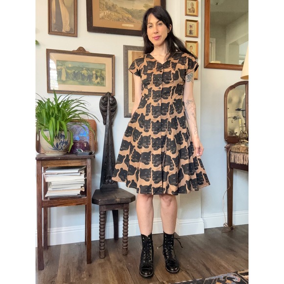 Nooworks Dresses & Skirts - Nooworks OOP Panther Print Button Down Dress Tan Black Short Sleeve Medium